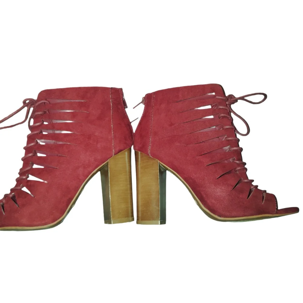 Bamboo EMBARK-25S Size 9 Burgundy Lace Up Cutout Block 4" Heel Booties Peep Toe - Picture 2 of 9